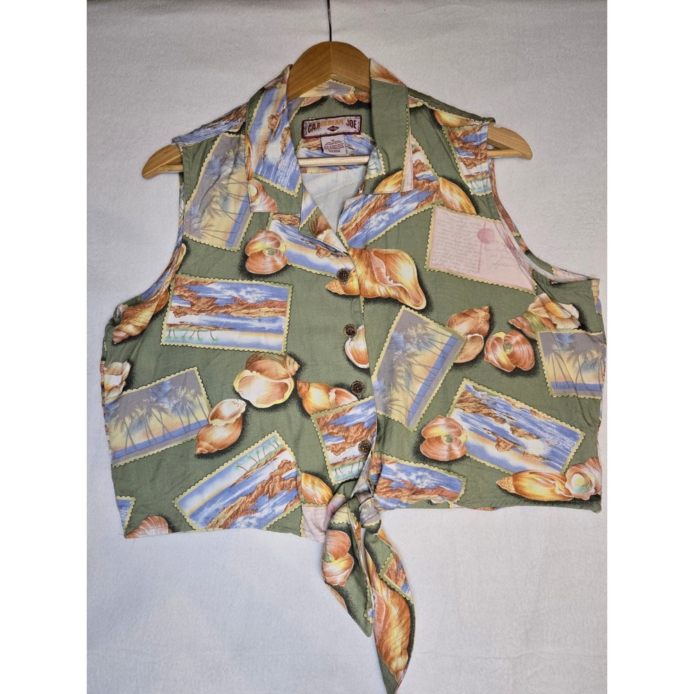 Caribbean Joe Womens XL Tropical Postcard Shell Print Tie Front Shirt